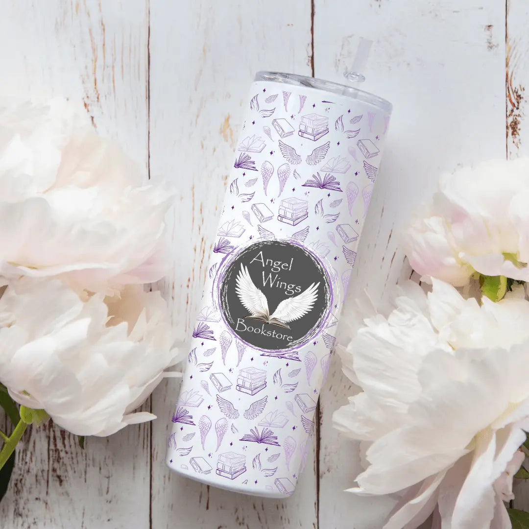 Angel Wings Bookstore 20oz tumbler by Winks Design Studio, LLC with a detailed angel wing and bookstore graphic design.