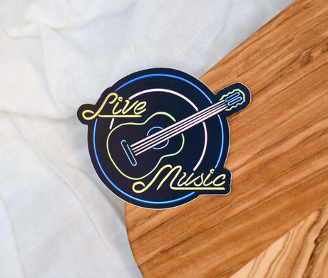 Live Music Neon Sign Waterproof Vinyl Sticker 3”x2.5” - Winks Design Studio,LLC