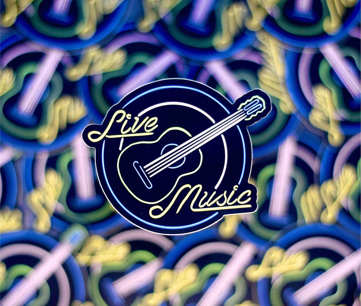 Live music neon sign waterproof vinyl sticker by Winks Design Studio, LLC, featuring a vibrant neon music-themed design, 3x2.5 inches.