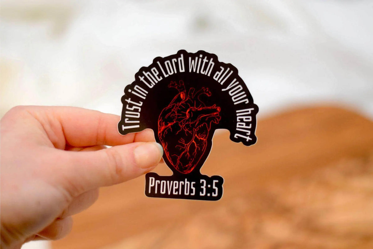 Proverbs 3:5 vinyl sticker featuring an anatomical heart design, created by Winks Design Studio.