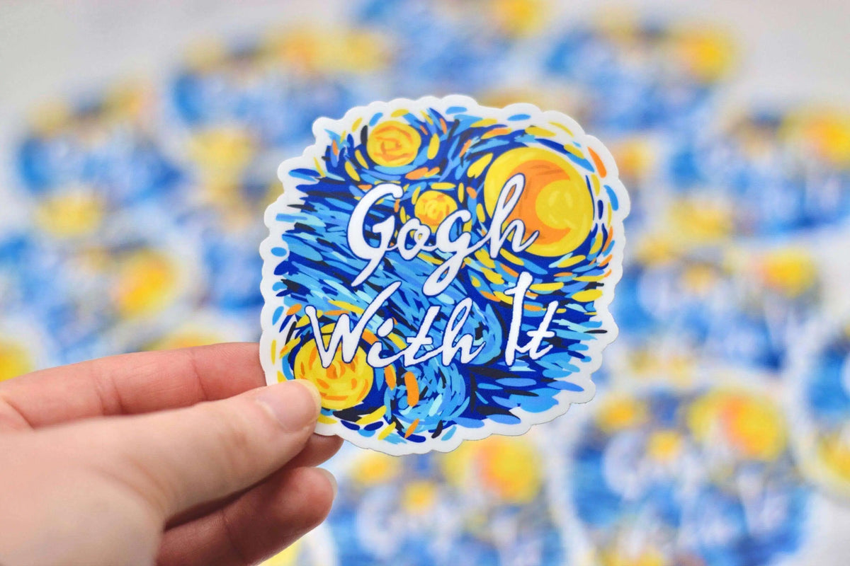 Starry Night vinyl sticker by Winks Design Studio featuring Vincent van Gogh’s iconic starry sky, 3.5x3.5 inches.