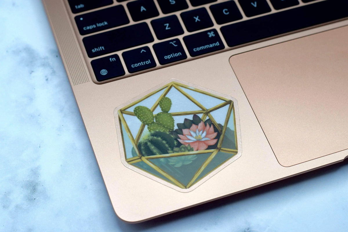 Vinyl succulent terrarium sticker by Winks Design Studio, LLC, featuring a detailed green succulent plant in a glass terrarium design.