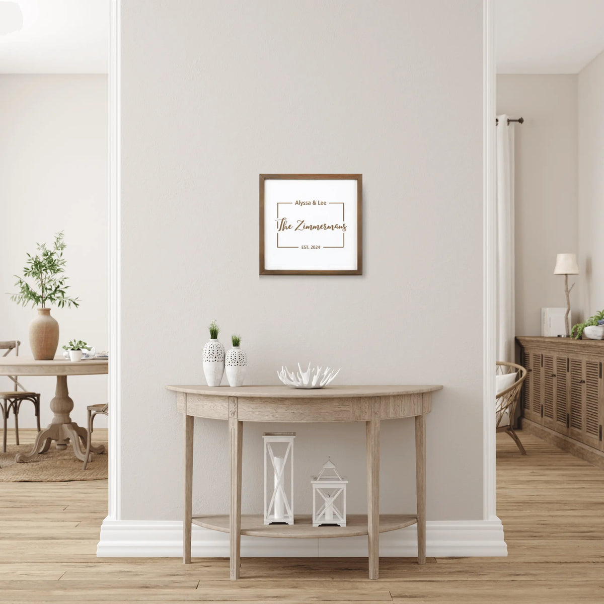 Custom last name sign wall art by Winks Design Studio, 11.85x11.85-inch brown and whitewash wood wall decor.
