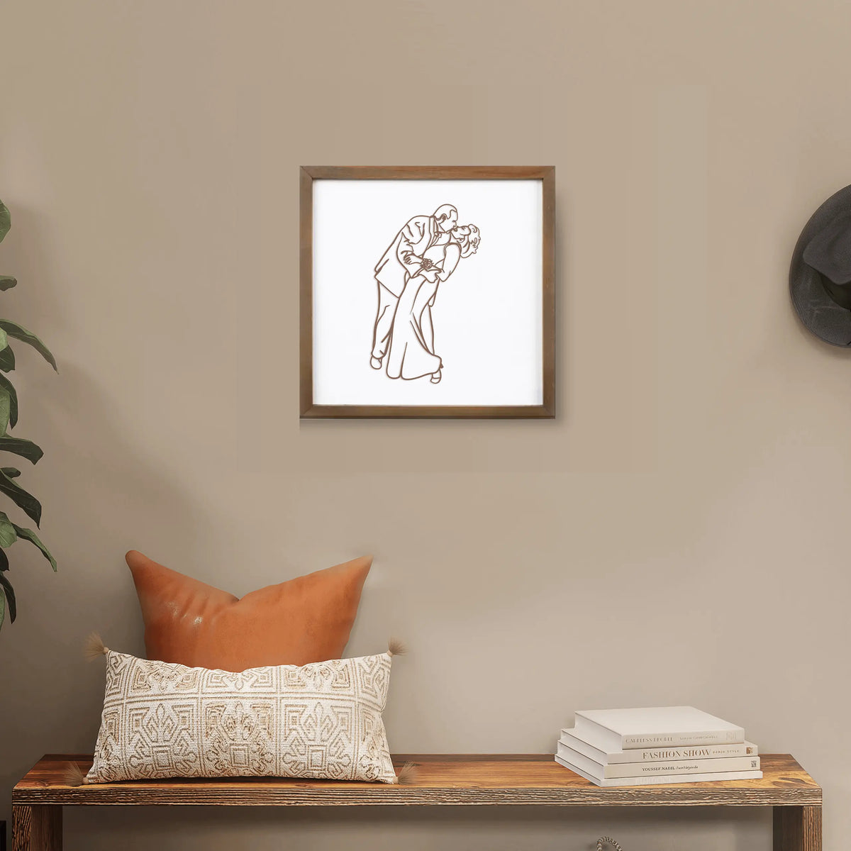 Custom photo memory sign wall art by Winks Design Studio in dark walnut wood, elegant home decor for personalized wall display.