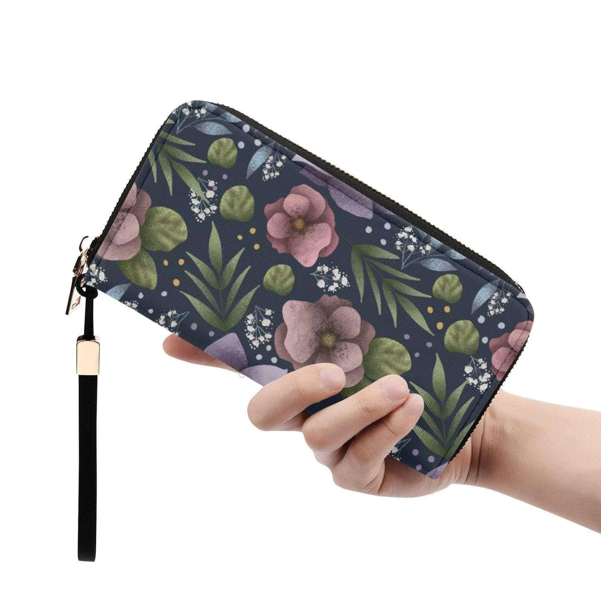 Blue hydrangea flower clutch zipper wallet by Winks Design Studio, LLC with floral pattern and secure zipper closure.