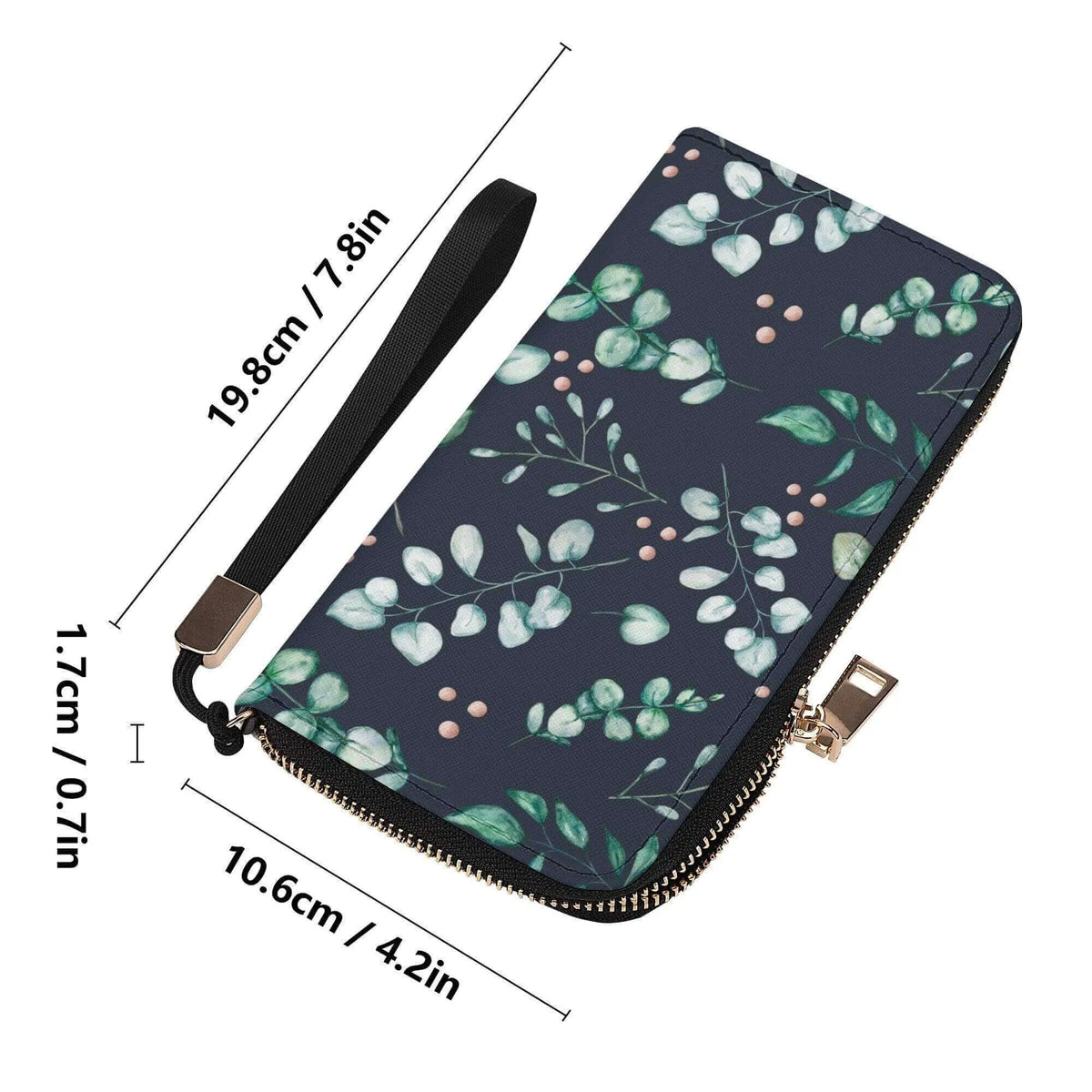 Eucalyptus leaves women’s wallet by Winks Design Studio, LLC, featuring a large zipper clutch with wristlet strap and botanical design.