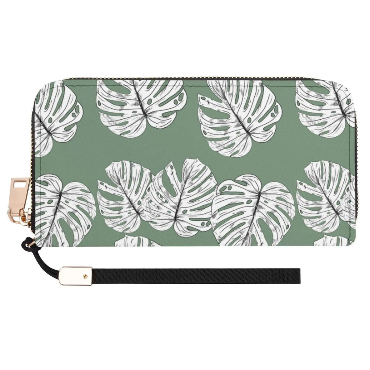 Green Monstera leaves clutch wallet with wristlet by Winks Design Studio, LLC, featuring vibrant leaf print and compact design.