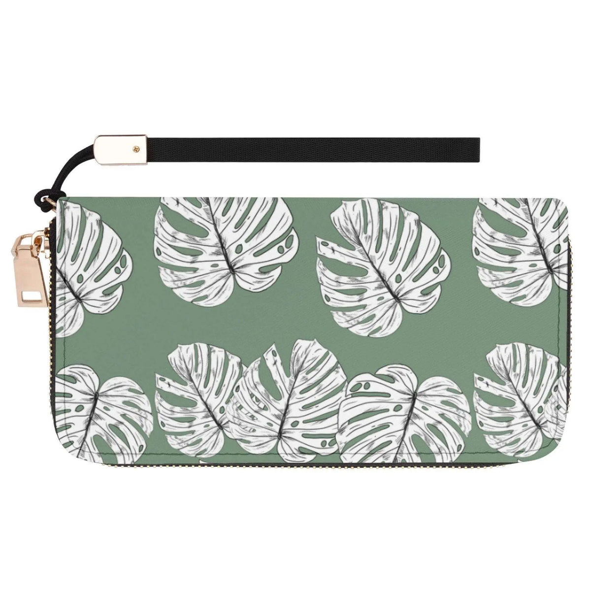 Green Monstera Leaves clutch wallet with wristlet from Winks Design Studio, LLC, featuring a vibrant botanical print and compact design.