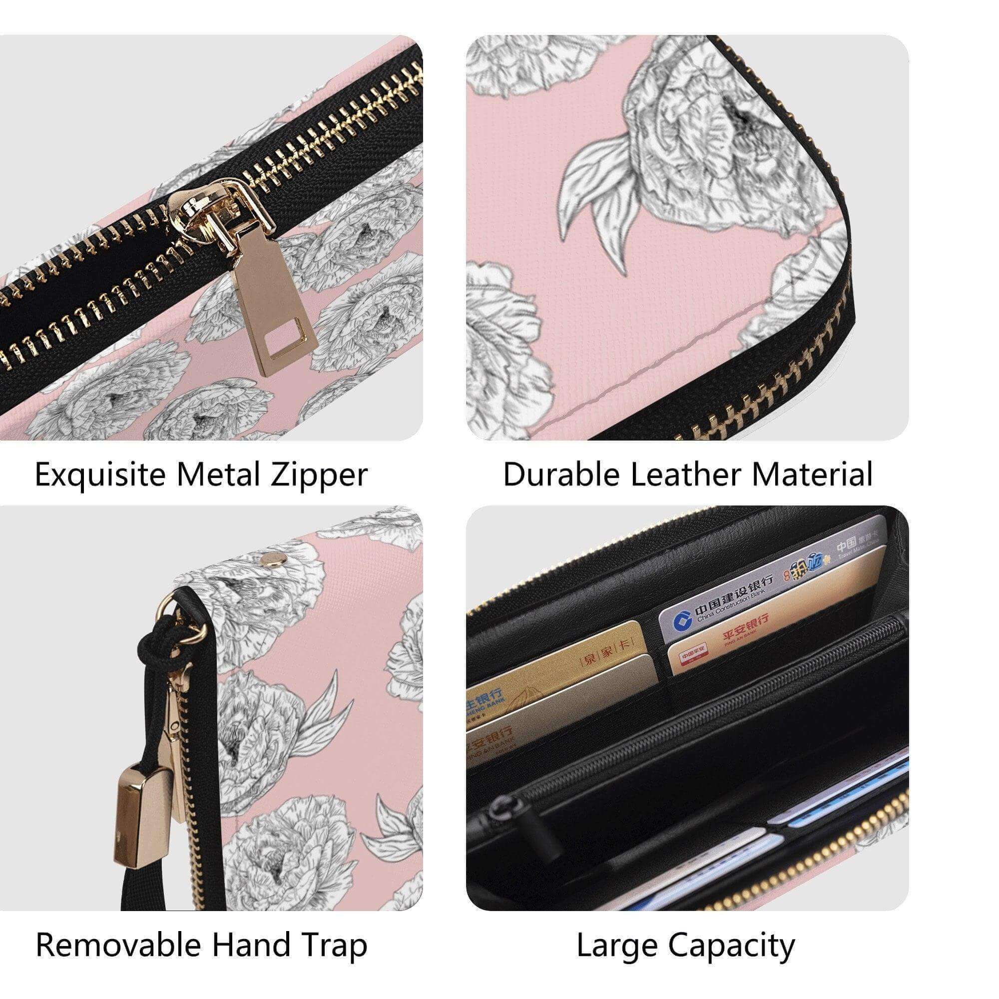 Pink peony flower zipper wallet by Winks Design Studio, LLC featuring a floral design and secure zipper closure.