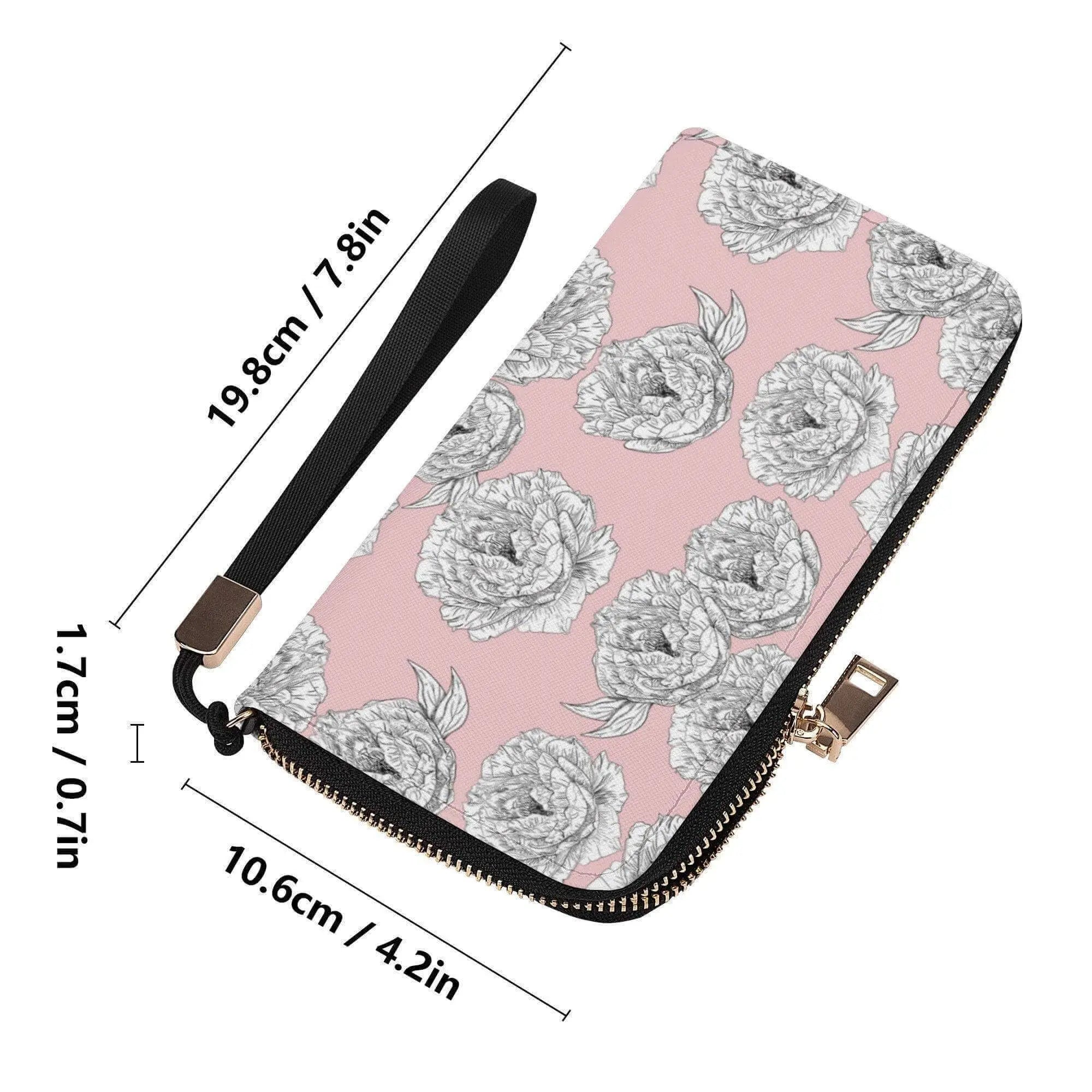 Pink peony flower zipper wallet by Winks Design Studio, LLC with floral pattern and compact design for everyday use.