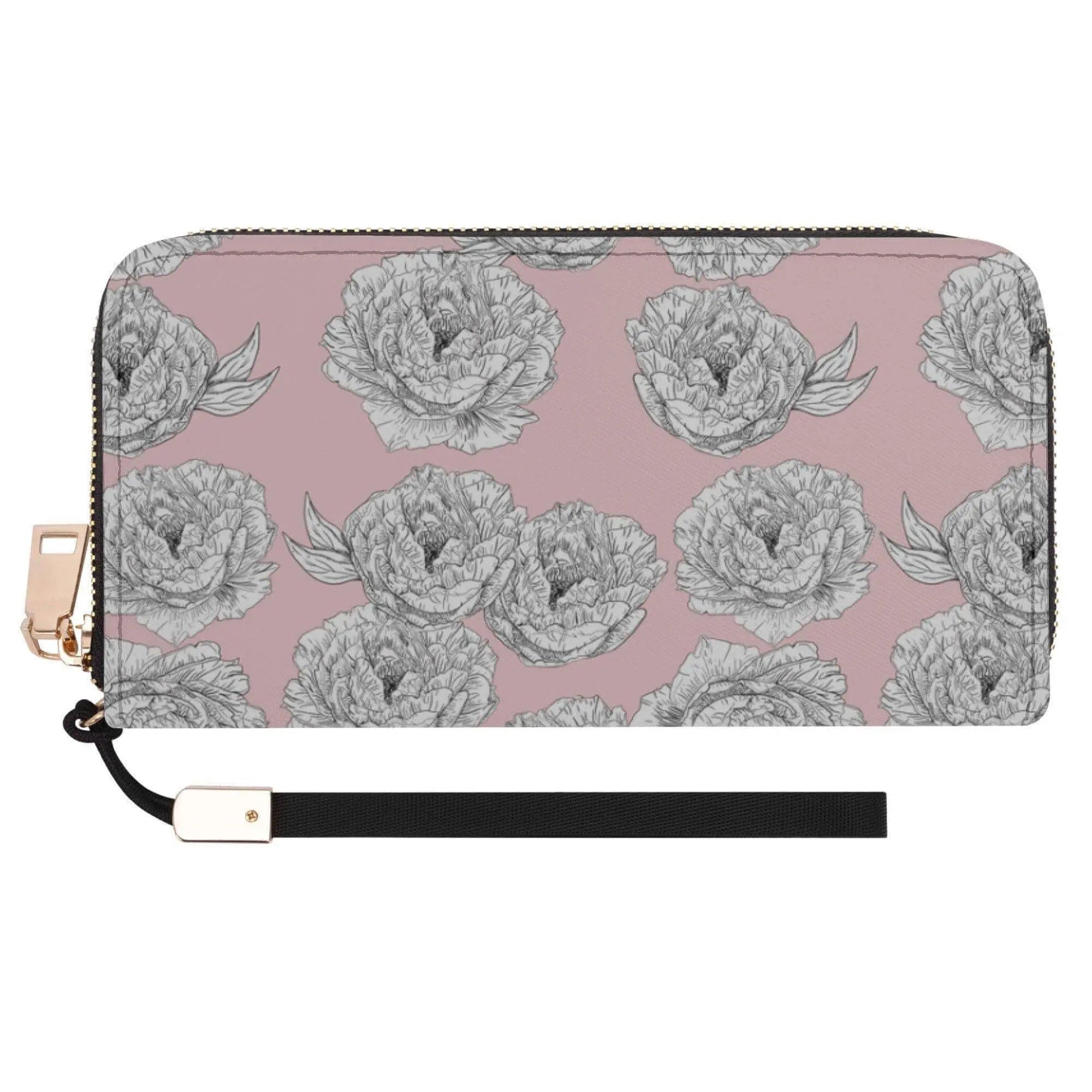 Pink peony flower zipper wallet by Winks Design Studio, LLC, featuring detailed floral design and compact wallet style.