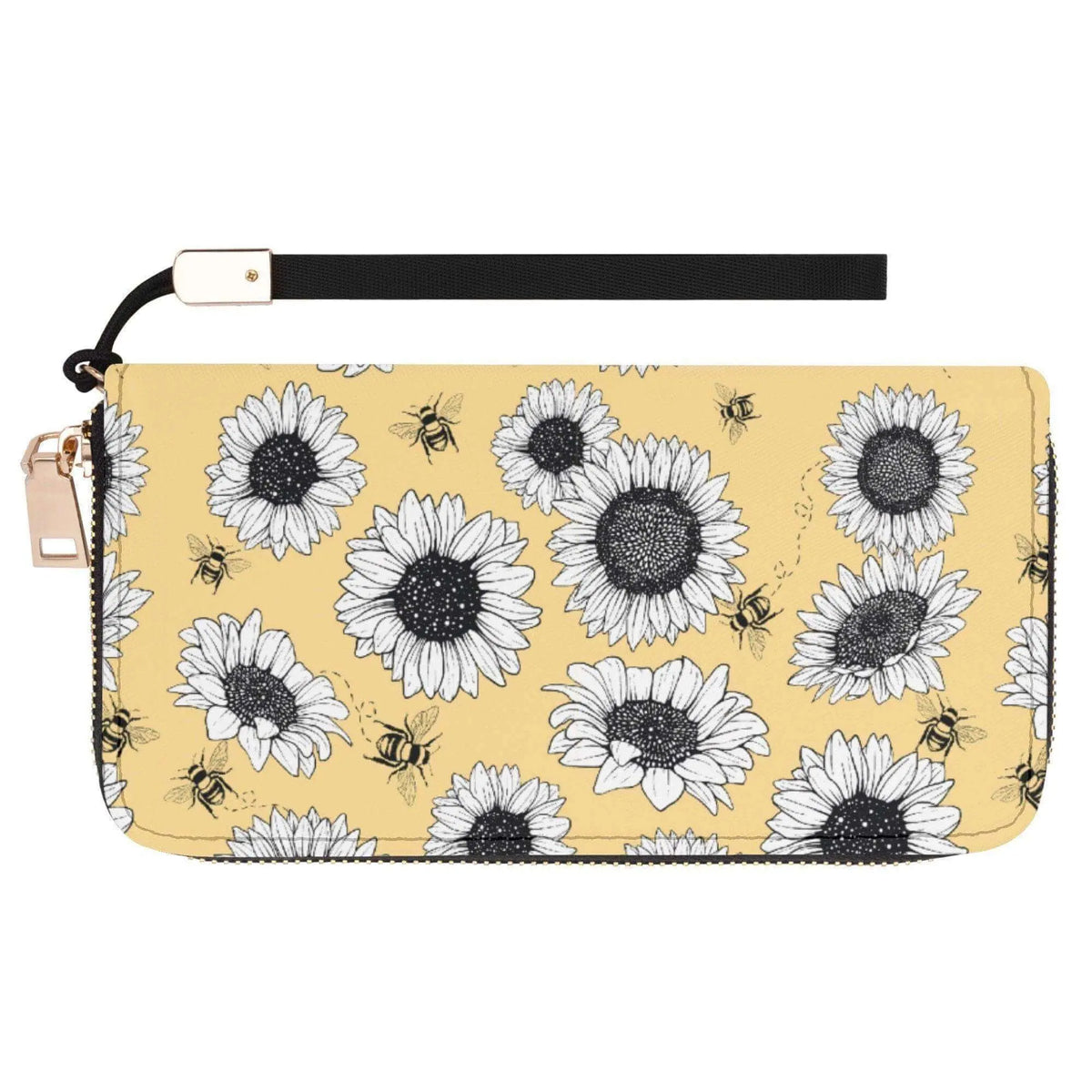 Sunflower casual clutch wallet by Winks Design Studio, LLC featuring a zippered closure and vibrant sunflower pattern.