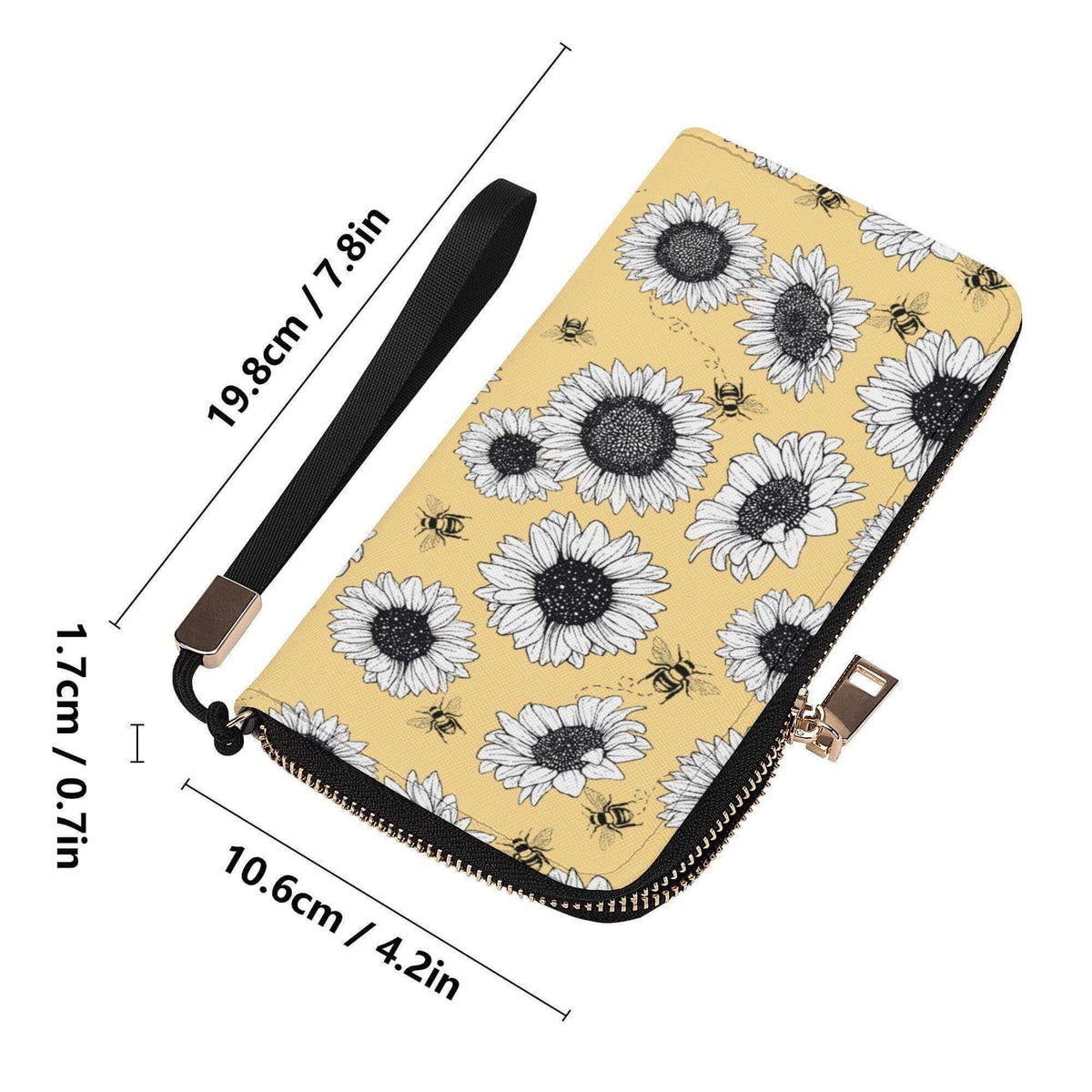 Sunflower casual clutch wallet by Winks Design Studio, LLC with zipper closure and floral sunflower design.