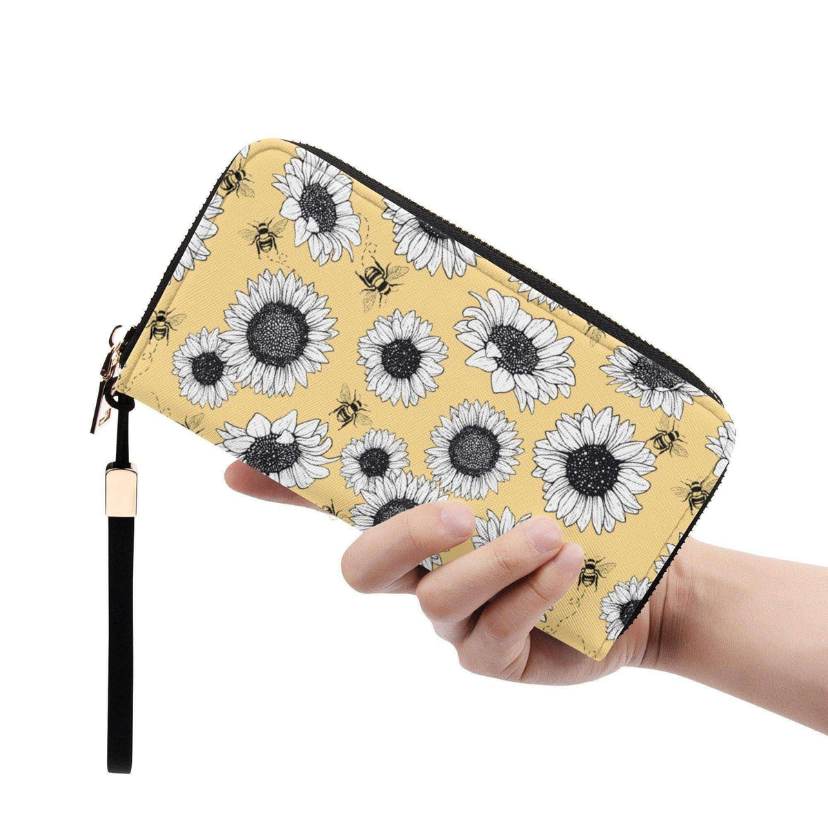 Sunflower casual clutch wallet by Winks Design Studio, LLC featuring a zippered closure and floral sunflower design.