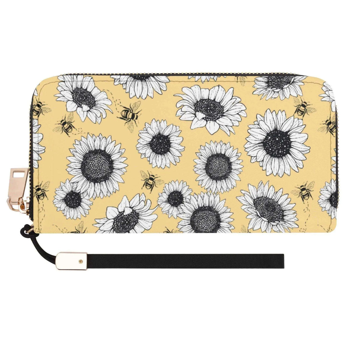 Sunflower casual clutch wallet by Winks Design Studio, LLC, with zipper closure and floral sunflower pattern.