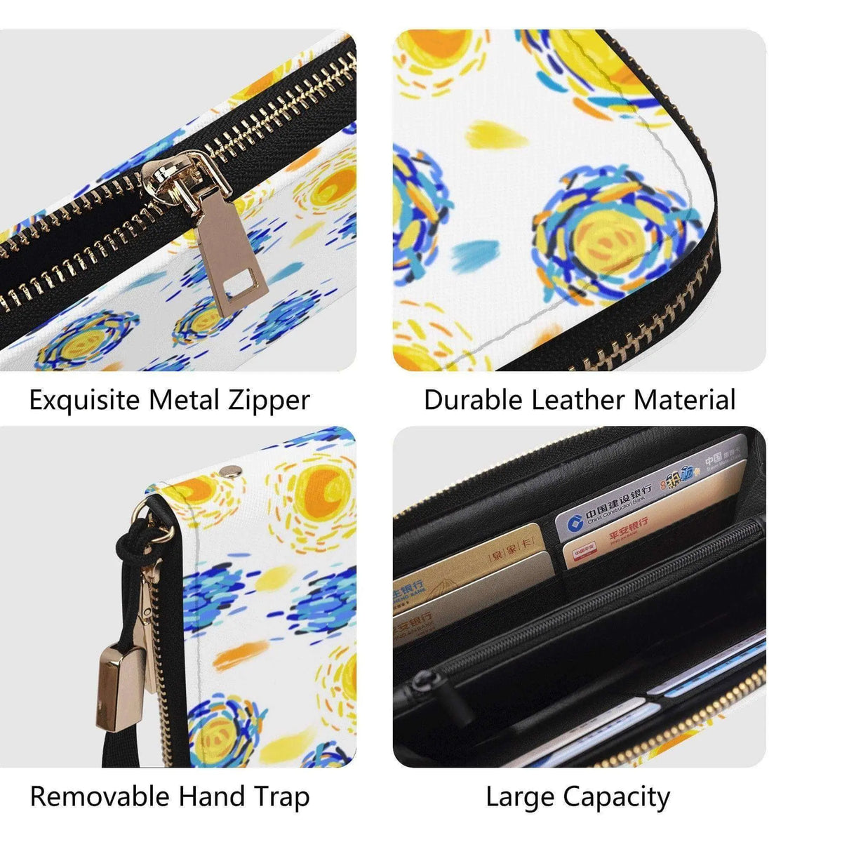 Van Gogh zippered wallet by Winks Design Studio, LLC featuring colorful artwork and a secure zipper closure.