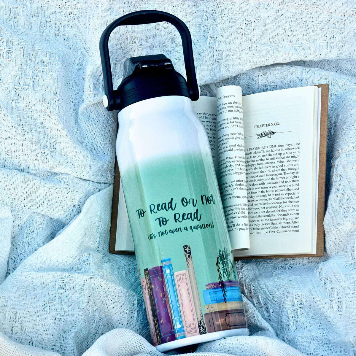 Winks Design Studio LLC 57oz water bottle with "To Read or Not To Read" print, large capacity, durable and reusable.