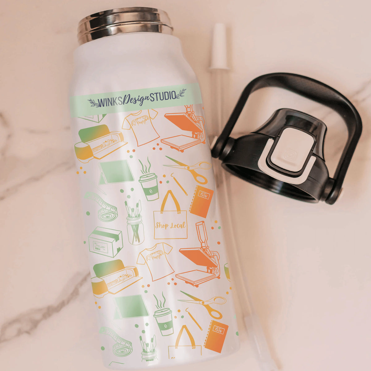 Winks Design Studio LLC 57 oz water bottle with round logo, durable plastic, black lid, and ergonomic design for hydration.