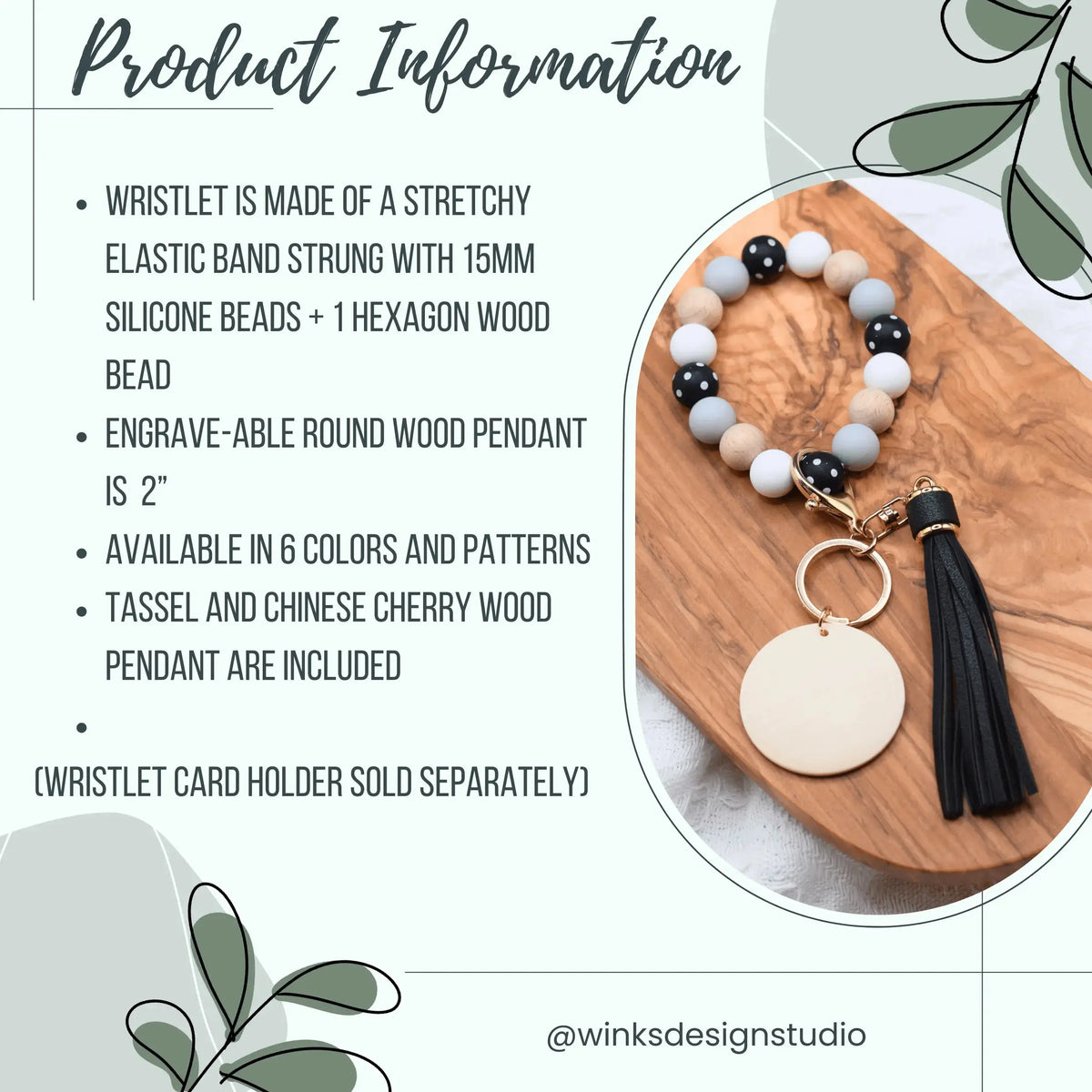 Pink botanical custom silicone wristlet keychain by Winks Design Studio, LLC, featuring floral design and keyring attachment.