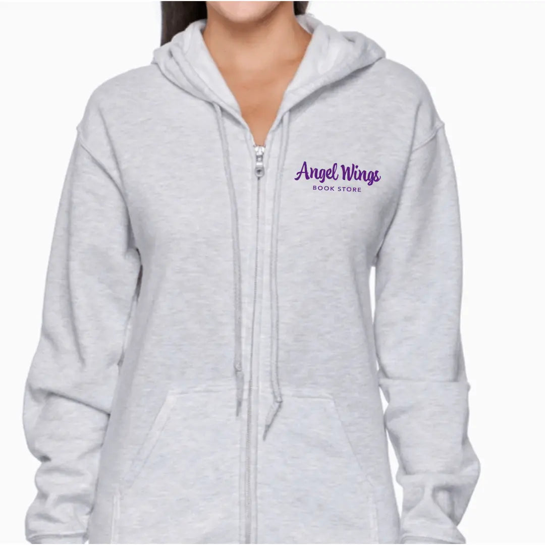 Ash-colored Oxford Crokinole Club full zip hoodie by Winks Design Studio, LLC with angel wings and bookstore graphic.