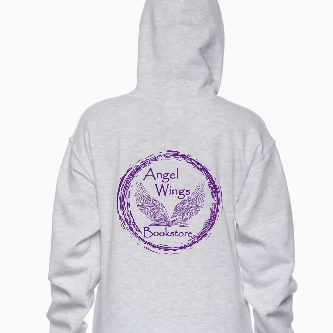 Ash gray Oxford Crokinole Club full zip hoodie by Winks Design Studio with angel wings and bookstore graphic, front view.
