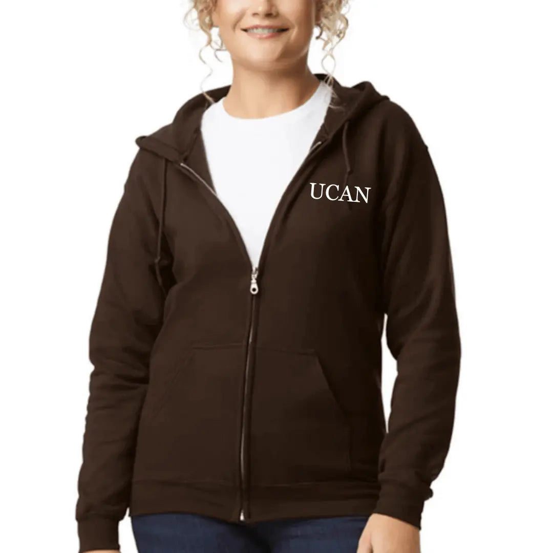 Brown UCAN full zip hoodie by Winks Design Studio, LLC, showing the front view with a full zip closure and hood.