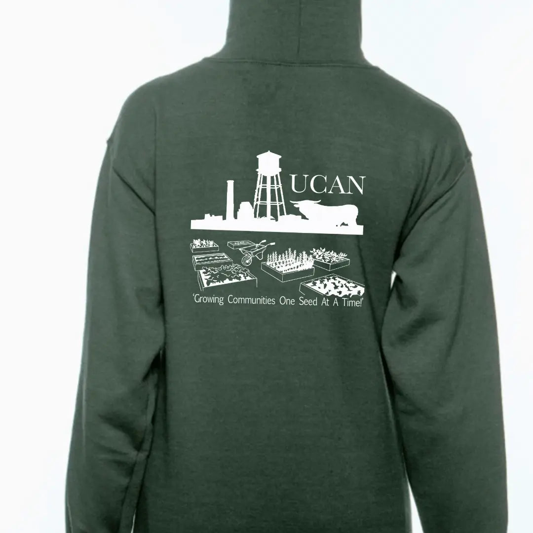 Brown UCAN Full Zip Hoodie by Winks Design Studio, LLC, displayed on a small-sized model with front zipper and hood.