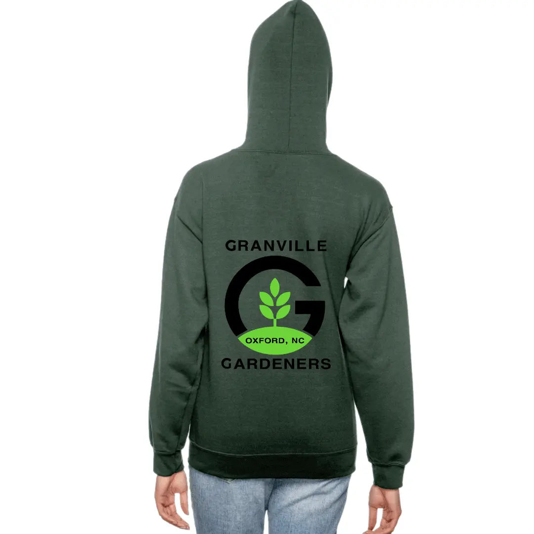 White Granville Gardeners full zip hoodie by Winks Design Studio, LLC, featuring a front zipper and comfortable fit.