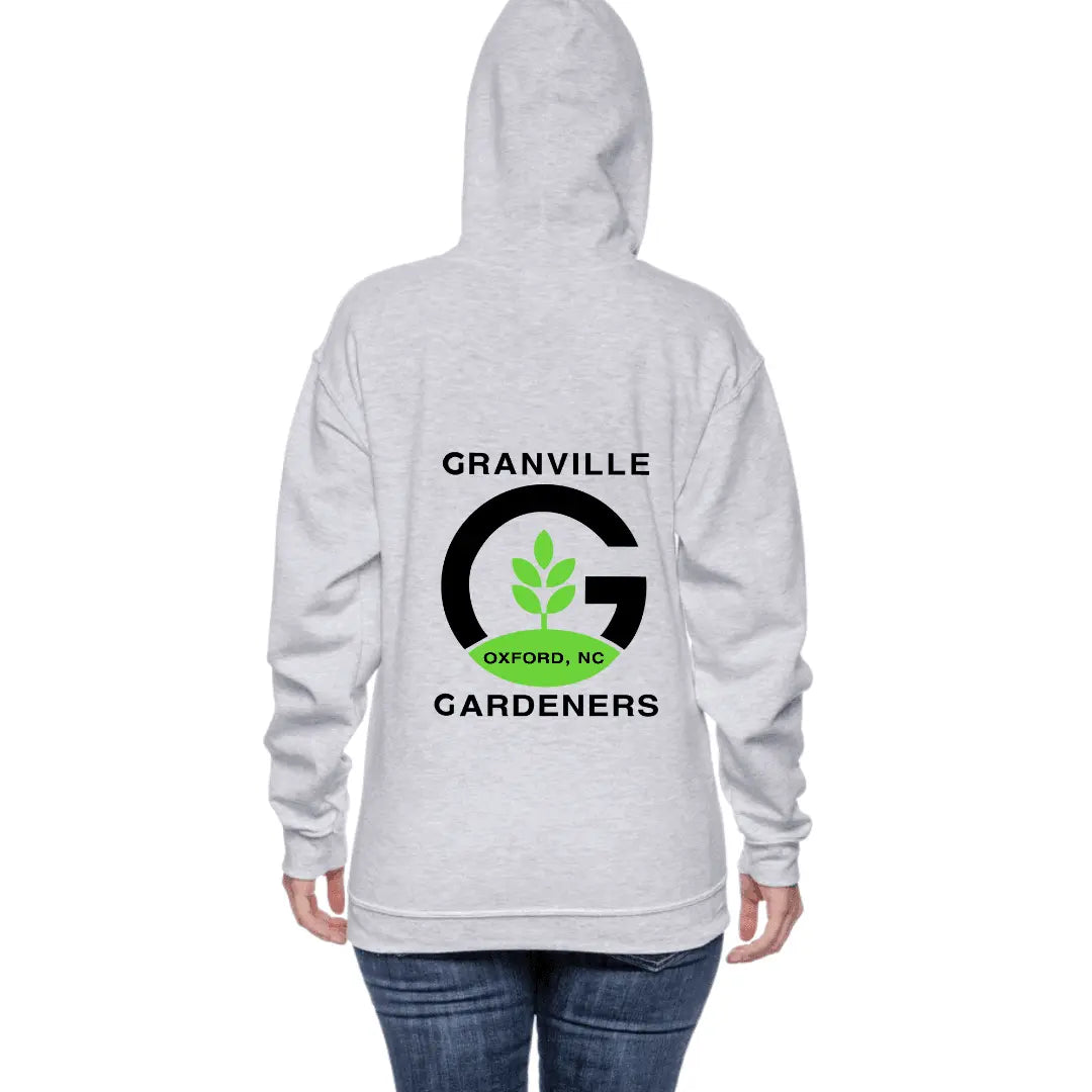 White Granville Gardeners Full Zip Hoodie by Winks Design Studio, LLC, shown with a full front view and zip closure.