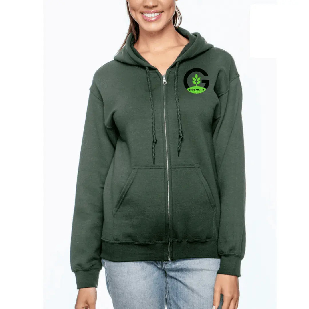White Granville Gardeners Full Zip Hoodie by Winks Design Studio, LLC, shown with a full front zipper and hood.