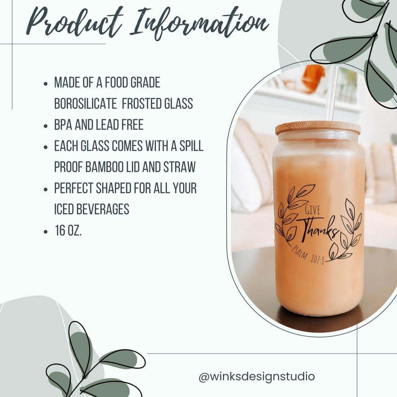 Personalized Iced Coffee Cup Glass With Bamboo Lid and Plastic