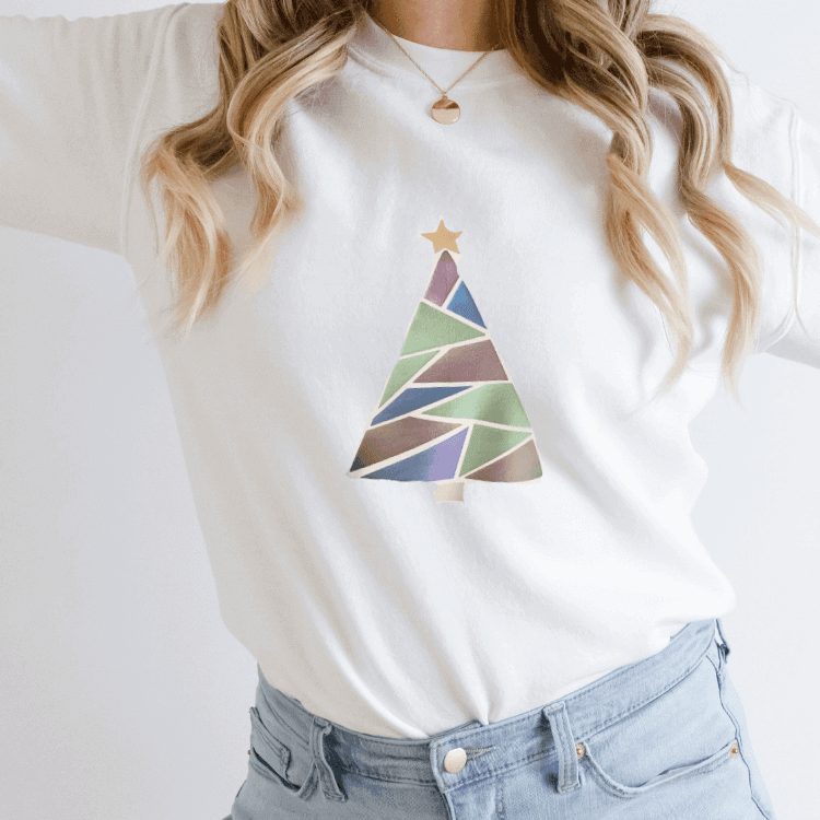 Modern Christmas Tree, Metallic Geometric Shape Christmas Tree with Star Design on Premium Unisex Shirt, Multiple Sleeve Length - Winks Design Studio,LLC